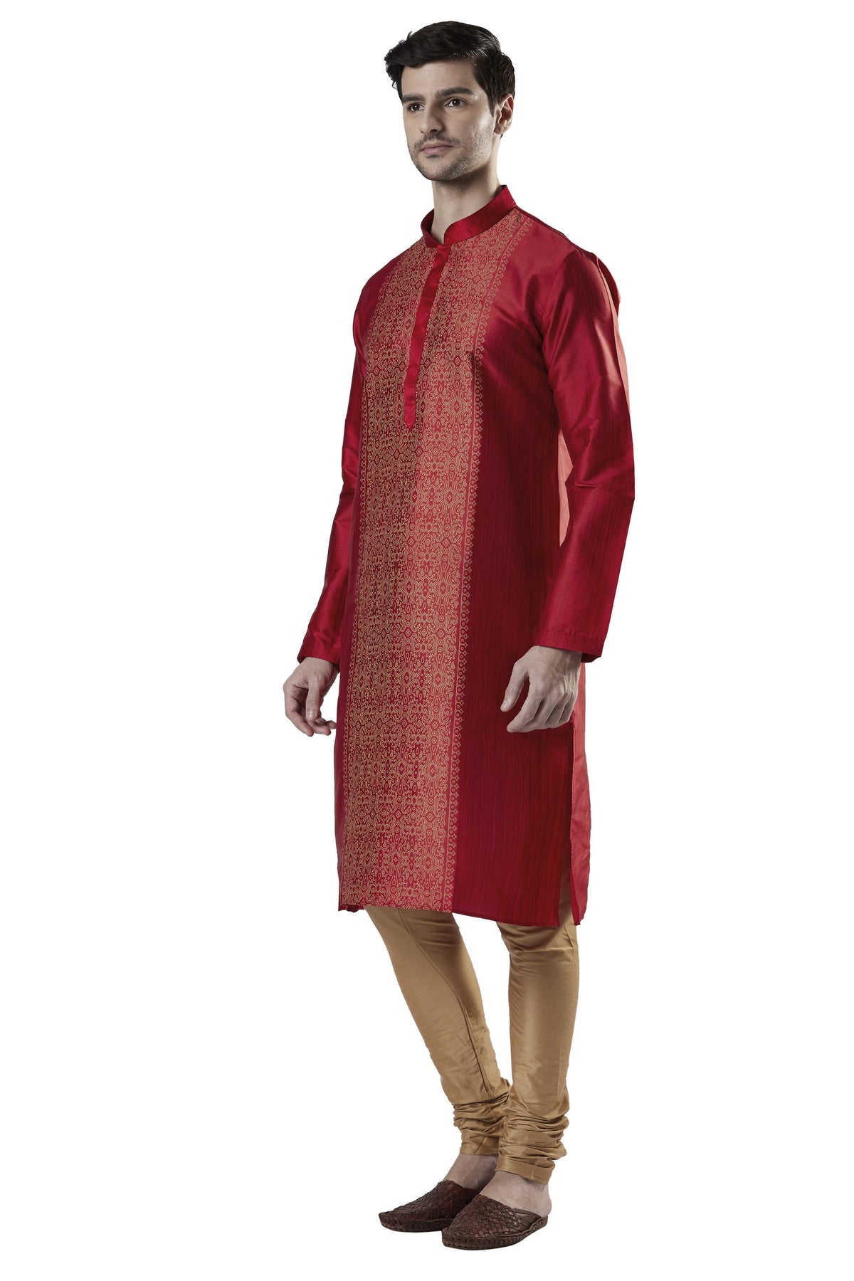 Ethnix Men's Maroon Classic Collar 2-Piece Kurta Pajama Set, right angled full-length view