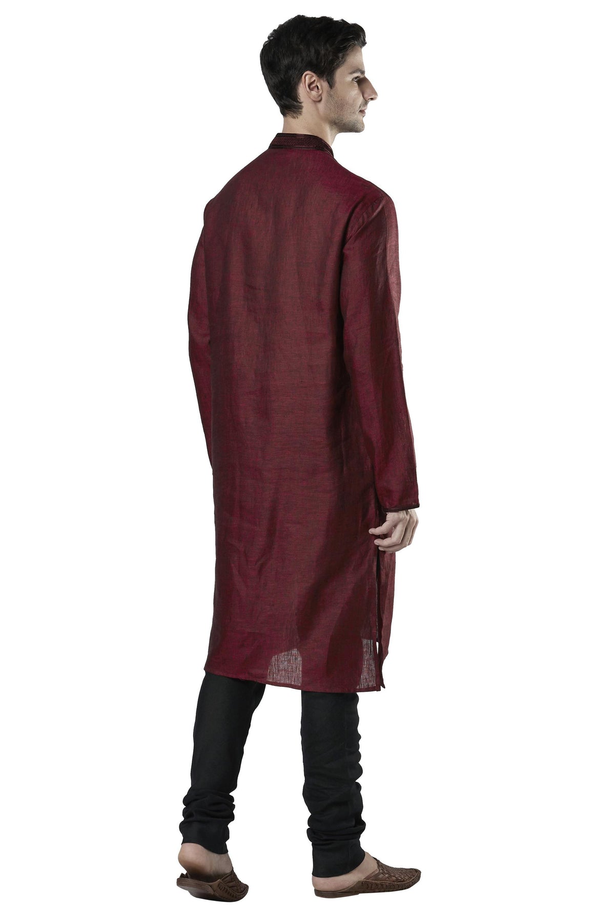 Ethnix Men's Maroon Embroidered Placket 2-Piece Kurta Pajama Set, back full-length view