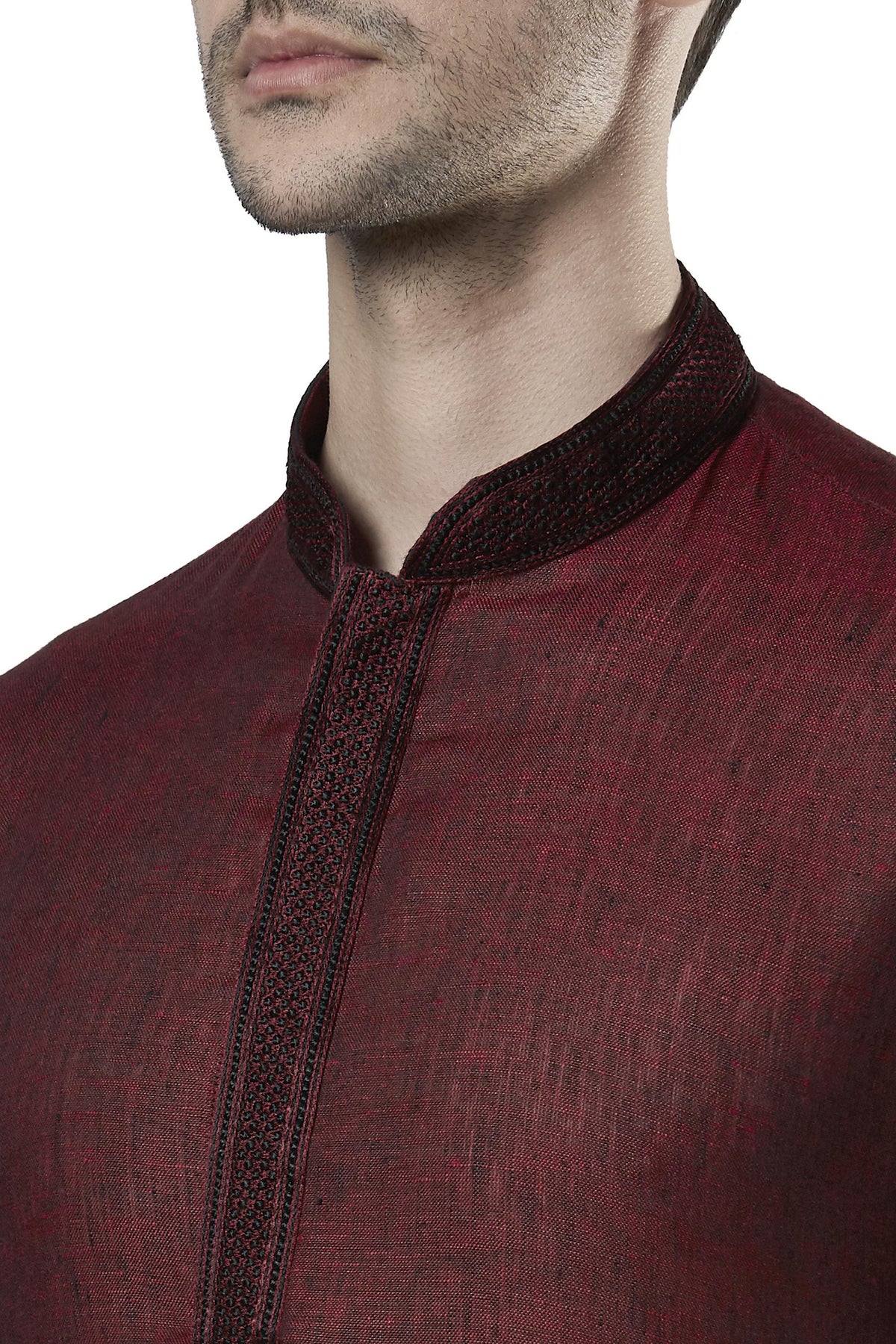 Ethnix Men's Maroon Embroidered Placket 2-Piece Kurta Pajama Set, close-up of the collar and placket