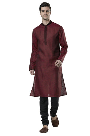 Ethnix Men's Maroon Embroidered Placket 2-Piece Kurta Pajama Set, front full-length view