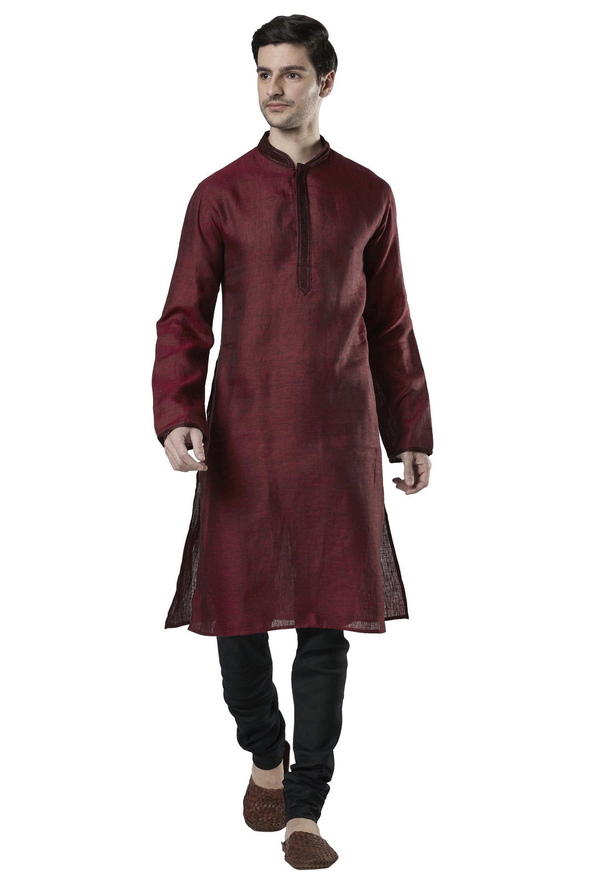 Ethnix Men's Maroon Embroidered Placket 2-Piece Kurta Pajama Set, front walking view
