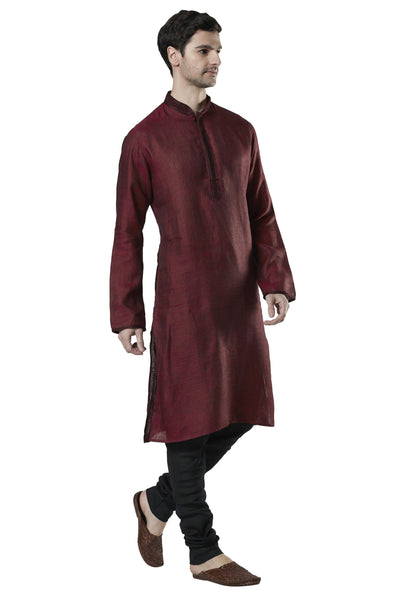 Ethnix Men's Maroon Embroidered Placket 2-Piece Kurta Pajama Set, left angled full-length view