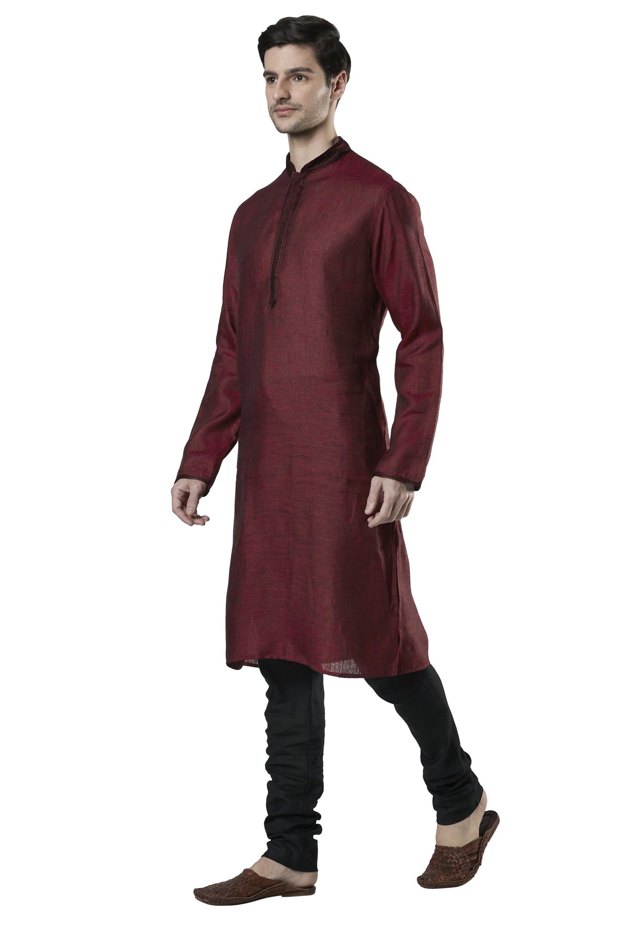 Ethnix Men's Maroon Embroidered Placket 2-Piece Kurta Pajama Set, right angled full-length view