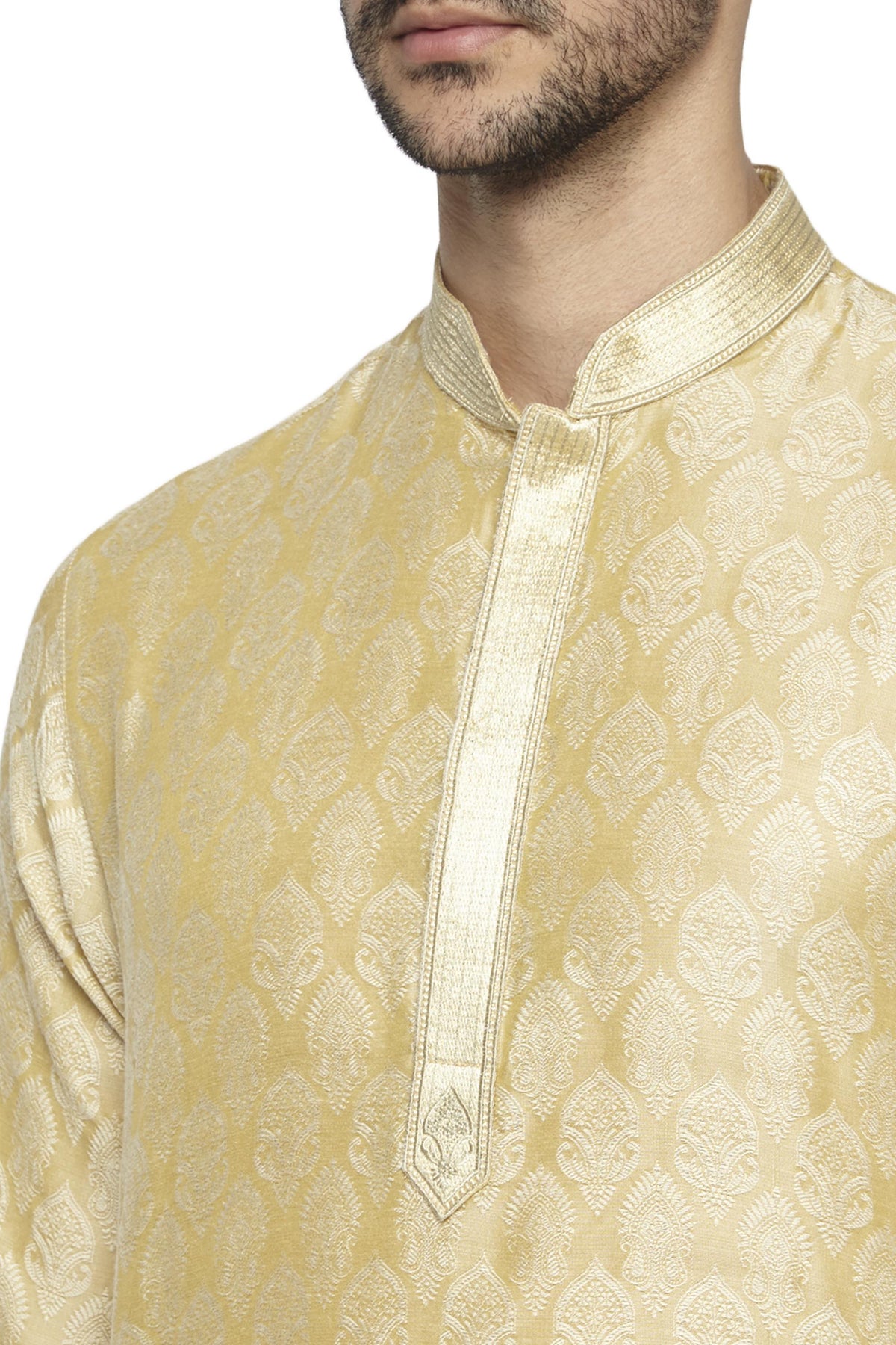 Ethnix Men's Motif Print 2-Piece Kurta Pajama Set, close-up of the collar and placket