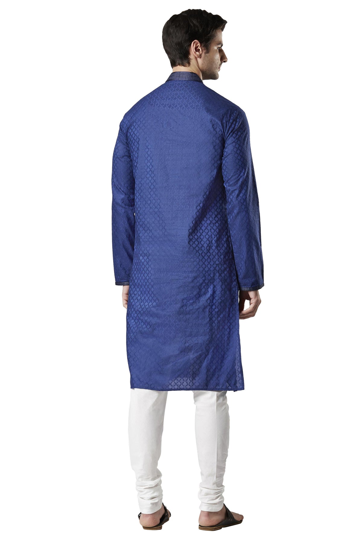 Ethnix Men's Navy Blue All-Over Embroidered 2-Piece Kurta Pajama Set, back full-length view