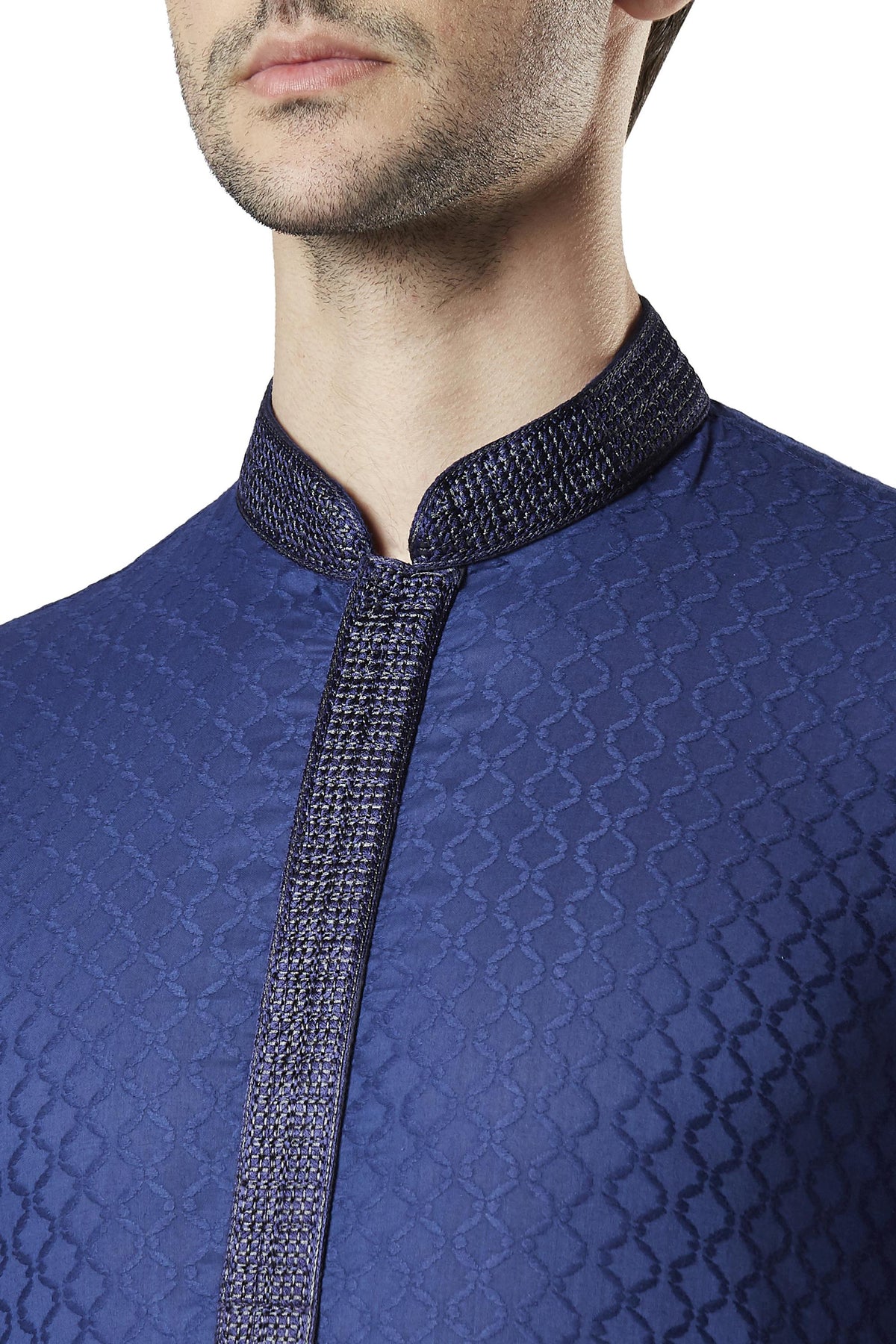 Ethnix Men's Navy Blue All-Over Embroidered 2-Piece Kurta Pajama Set, close-up of the collar and placket