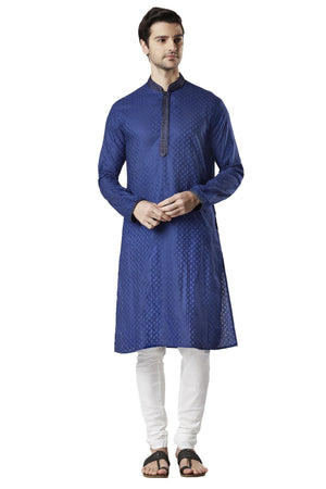 Ethnix Men's Navy Blue All-Over Embroidered 2-Piece Kurta Pajama Set, front full-length view