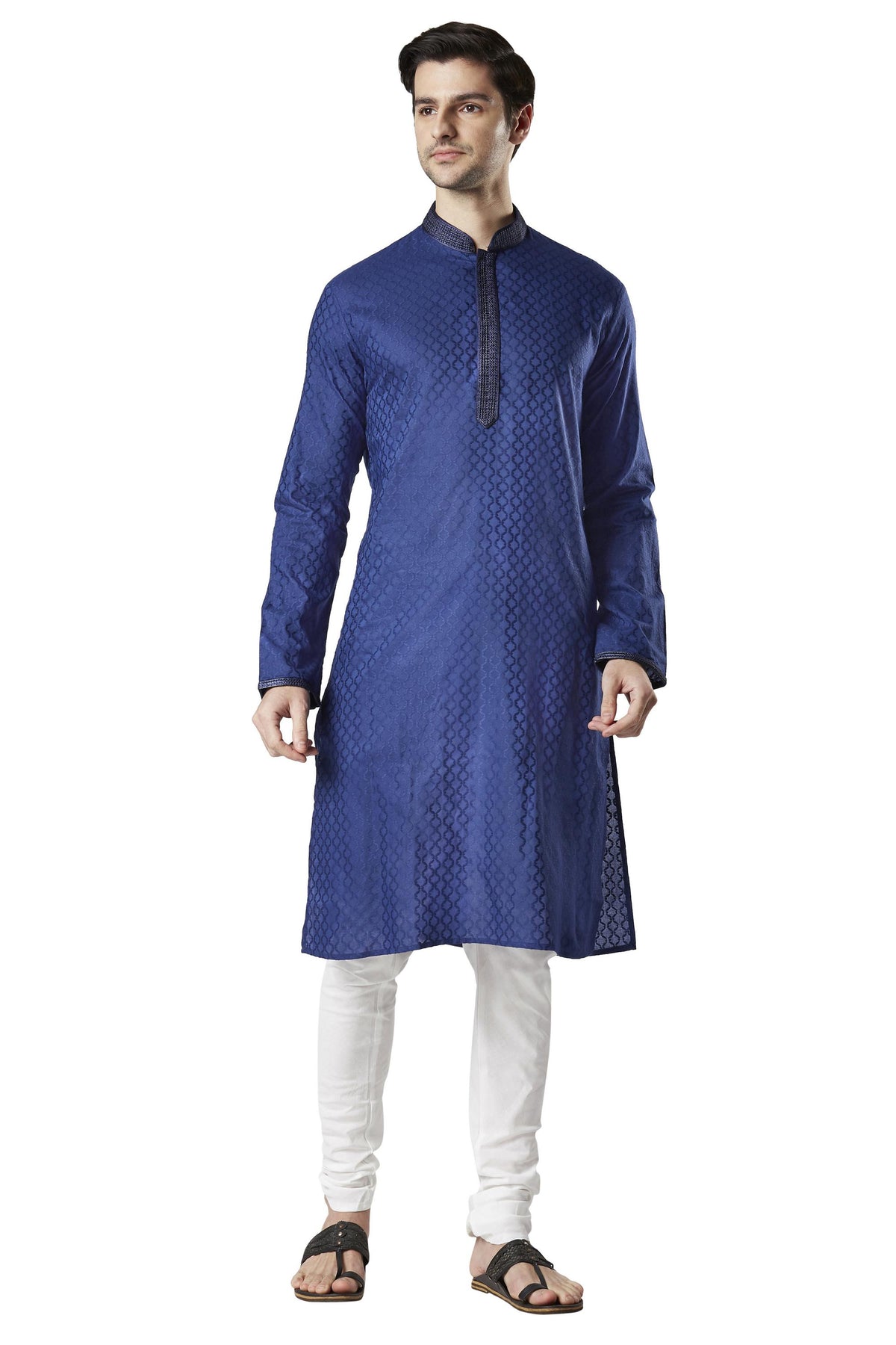 Ethnix Men's Navy Blue All-Over Embroidered 2-Piece Kurta Pajama Set, front walking view