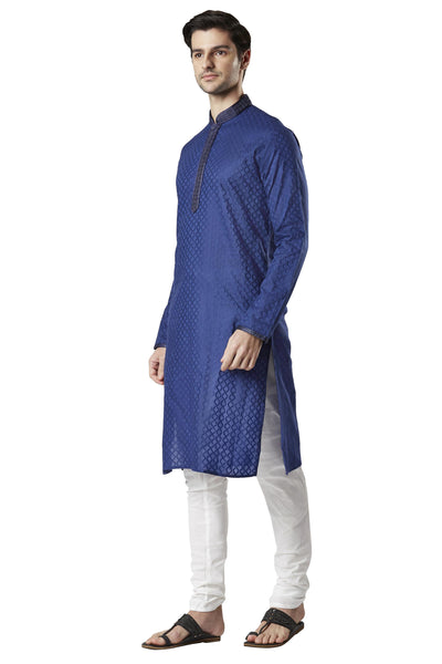 Ethnix Men's Navy Blue All-Over Embroidered 2-Piece Kurta Pajama Set, left angled full-length view