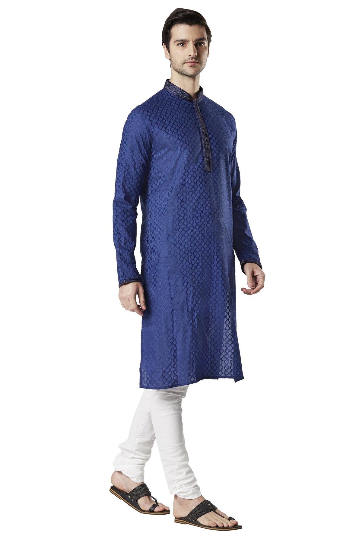Ethnix Men's Navy Blue All-Over Embroidered 2-Piece Kurta Pajama Set, right angled full-length view
