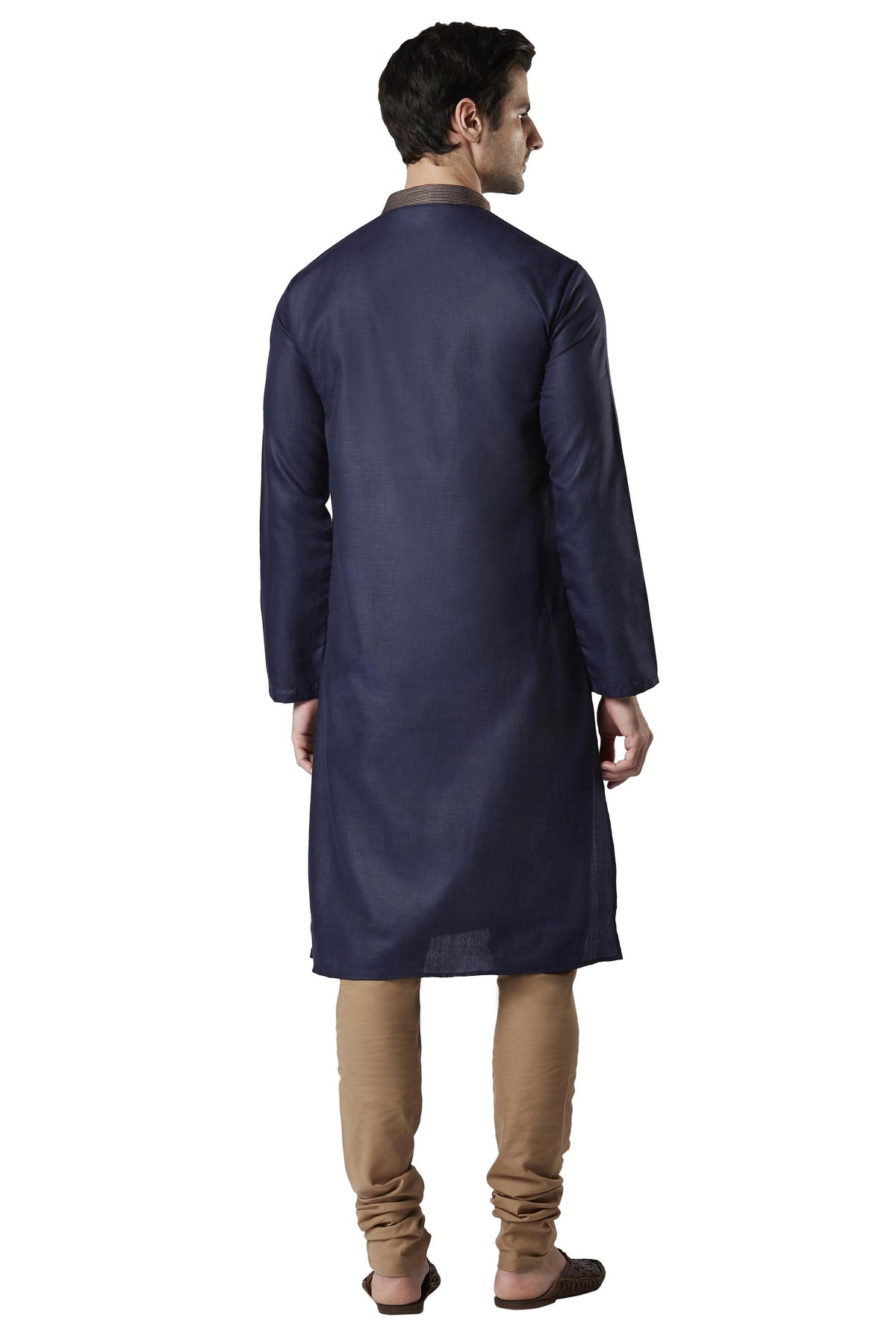 Ethnix Men's Navy Blue Gold Embroidered 2-Piece Kurta Pajama Set, back full-length view