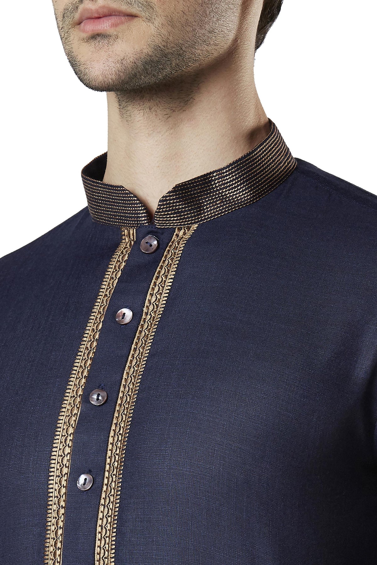 Ethnix Men's Navy Blue Gold Embroidered 2-Piece Kurta Pajama Set, close-up of the collar and placket