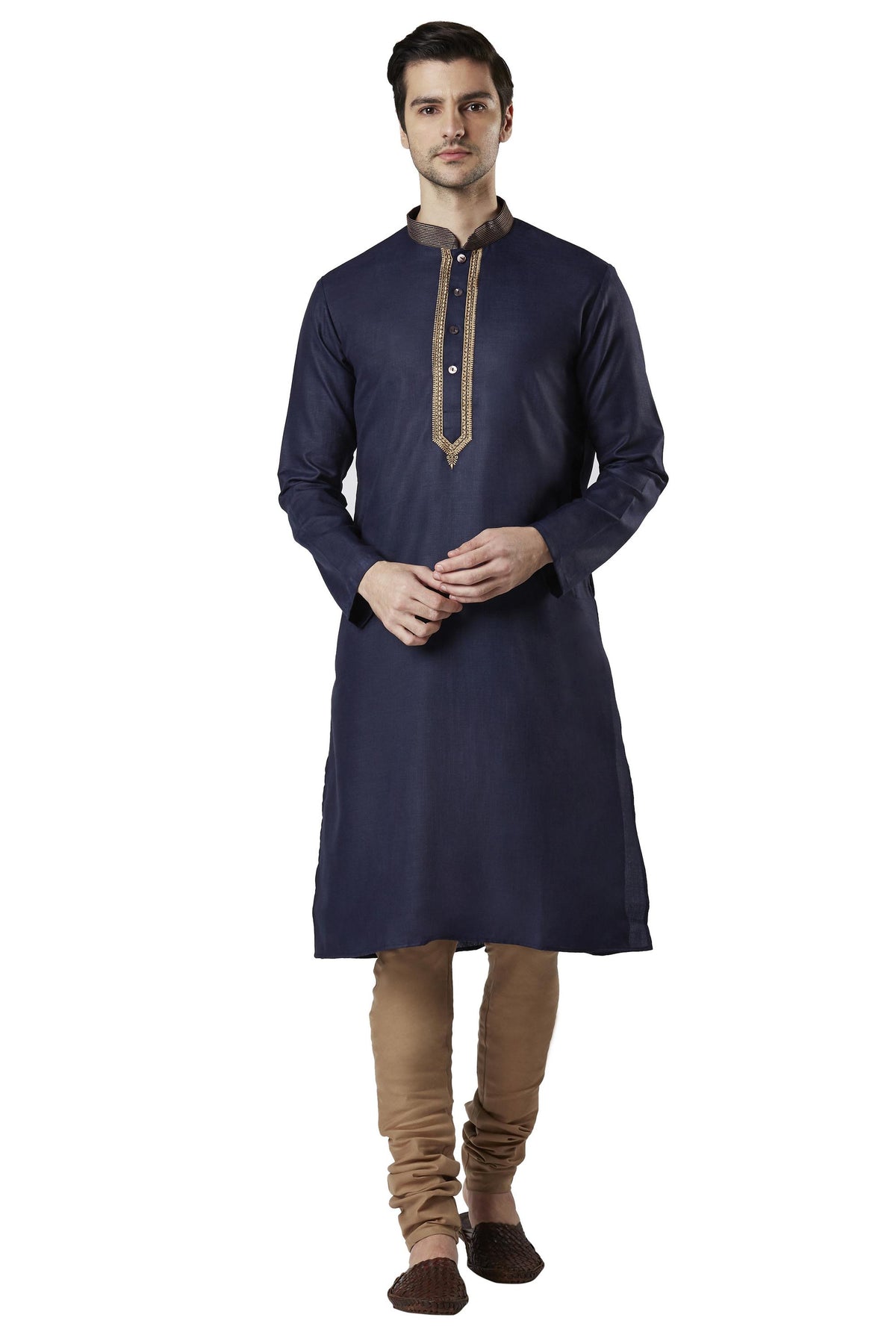 Ethnix Men's Navy Blue Gold Embroidered 2-Piece Kurta Pajama Set, front full-length view