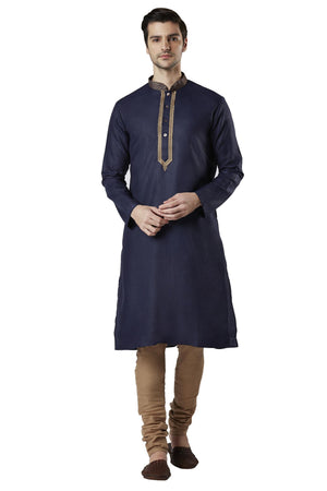Ethnix Men's Navy Blue Gold Embroidered 2-Piece Kurta Pajama Set, front full-length view