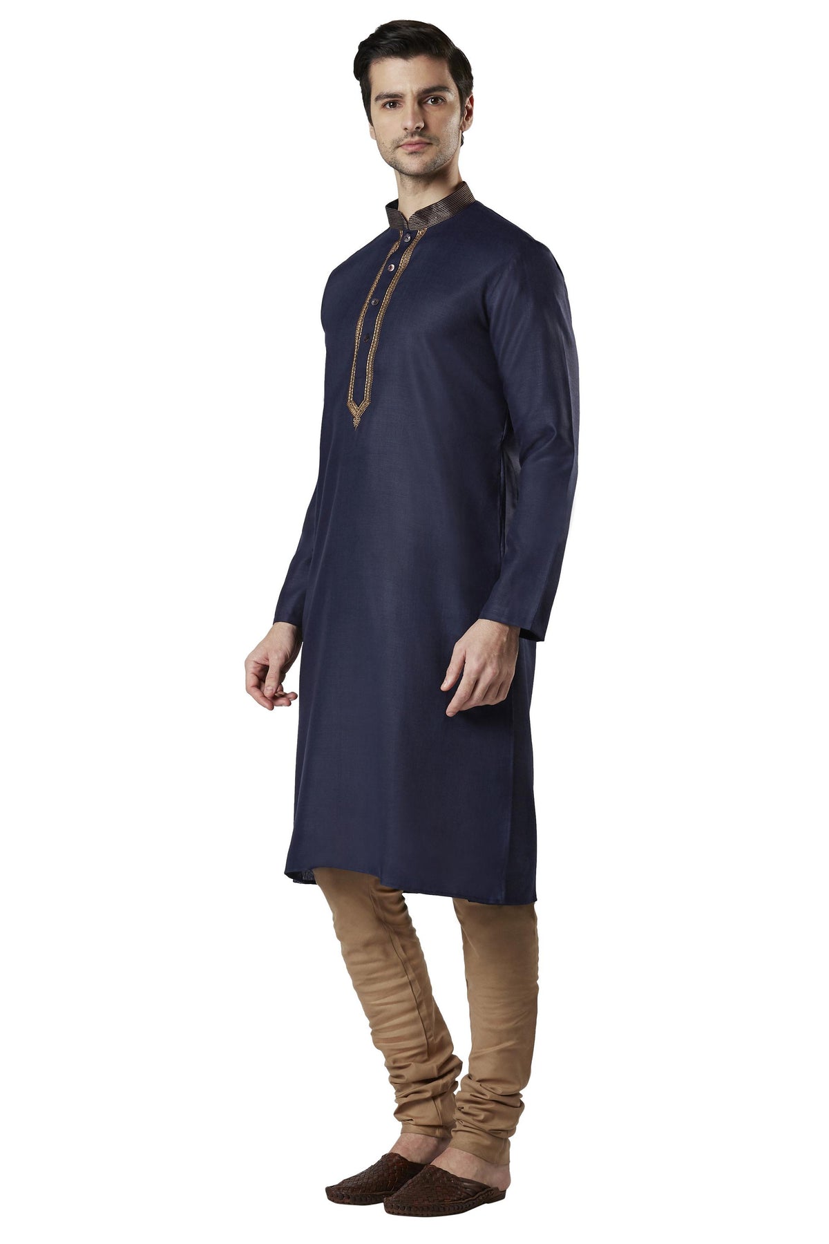 Ethnix Men's Navy Blue Gold Embroidered 2-Piece Kurta Pajama Set, left angled full-length view