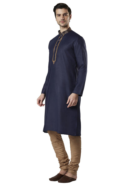 Ethnix Men's Navy Blue Gold Embroidered 2-Piece Kurta Pajama Set, left angled full-length view