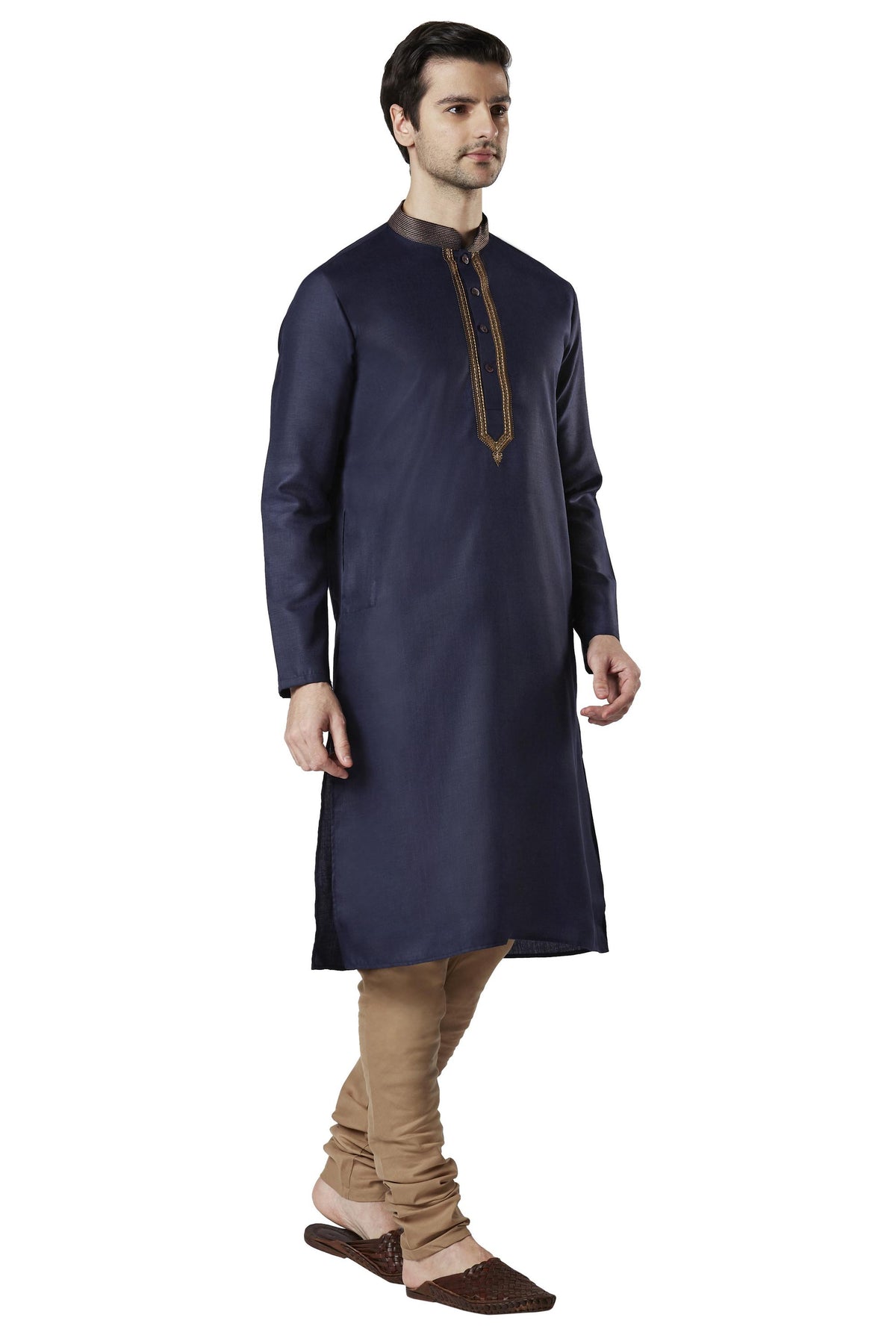 Ethnix Men's Navy Blue Gold Embroidered 2-Piece Kurta Pajama Set, right angled full-length view