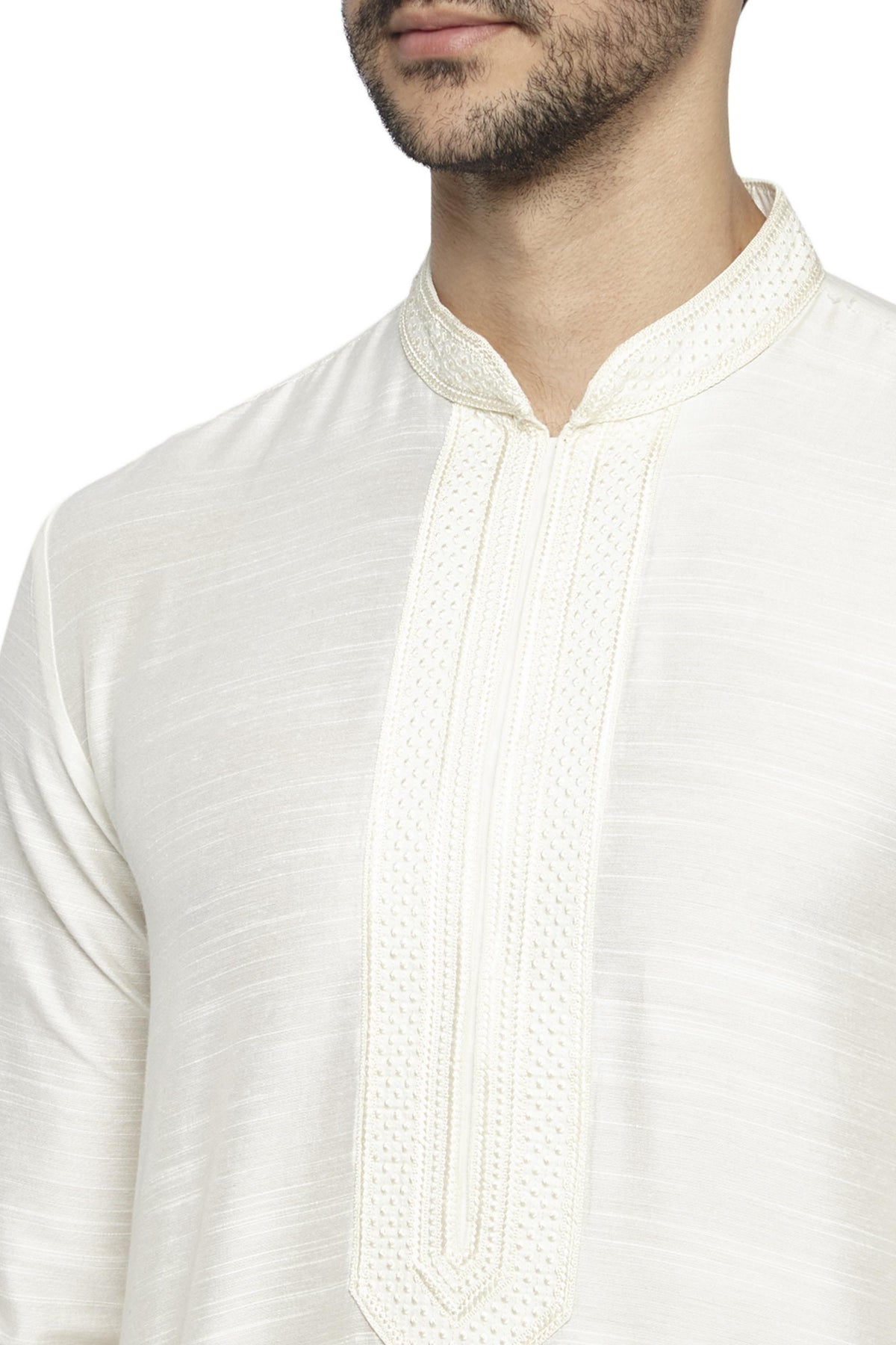 Ethnix Men's Off-White Classic 2-Piece Kurta Pajama Set, close-up of the collar and placket
