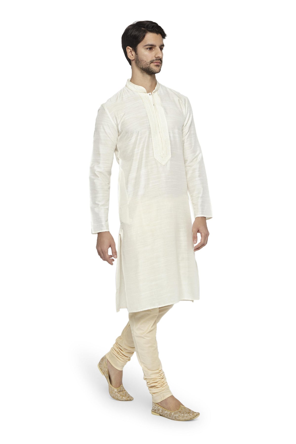 Ethnix Men's Off-White Classic 2-Piece Kurta Pajama Set, left angled full-length view