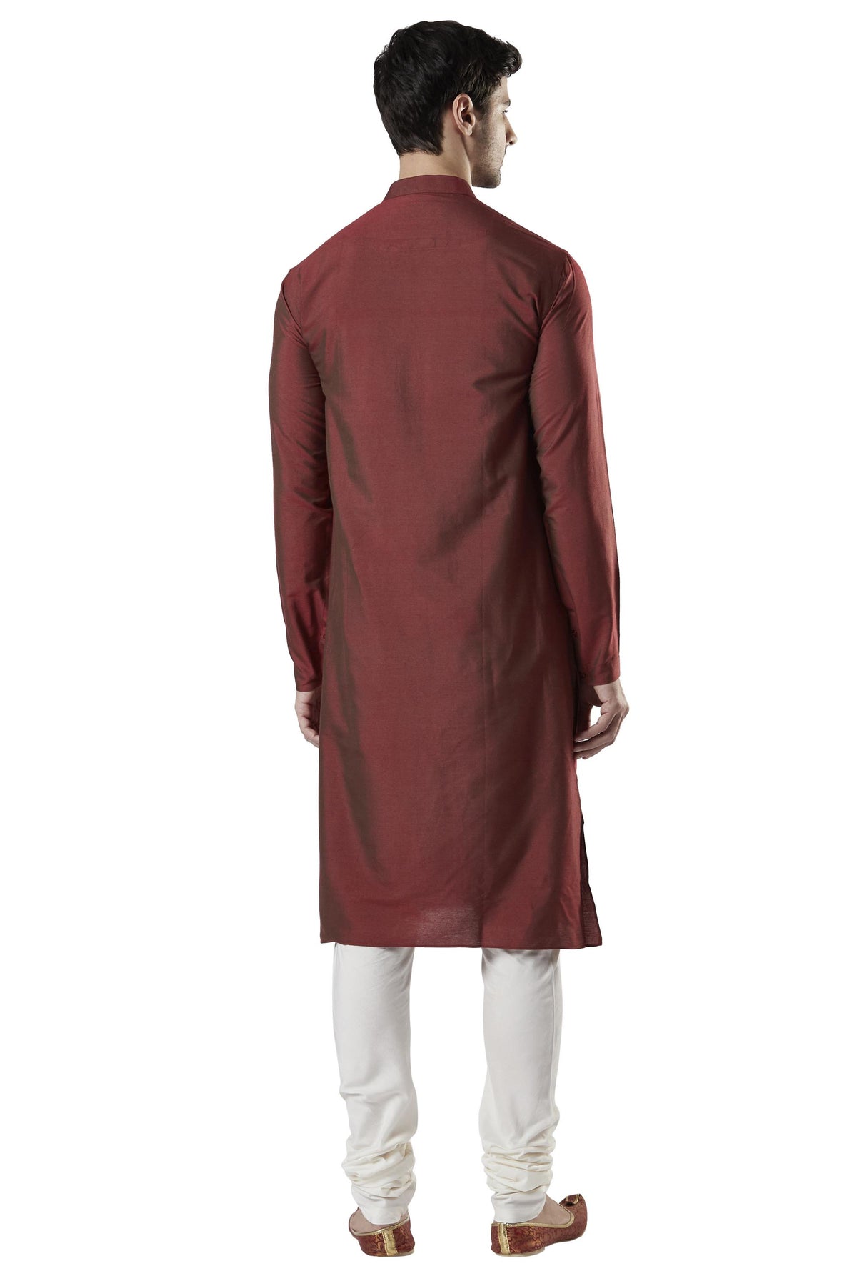 Ethnix Men's Orange Classic Silk Blend 2-Piece Kurta Pajama Set, back full-length view