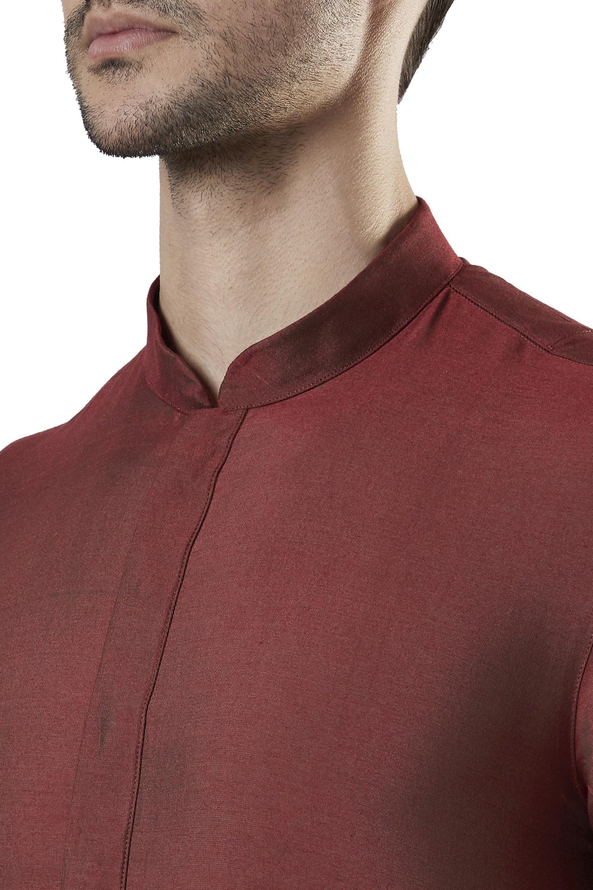 Ethnix Men's Orange Classic Silk Blend 2-Piece Kurta Pajama Set, close-up of the collar and placket