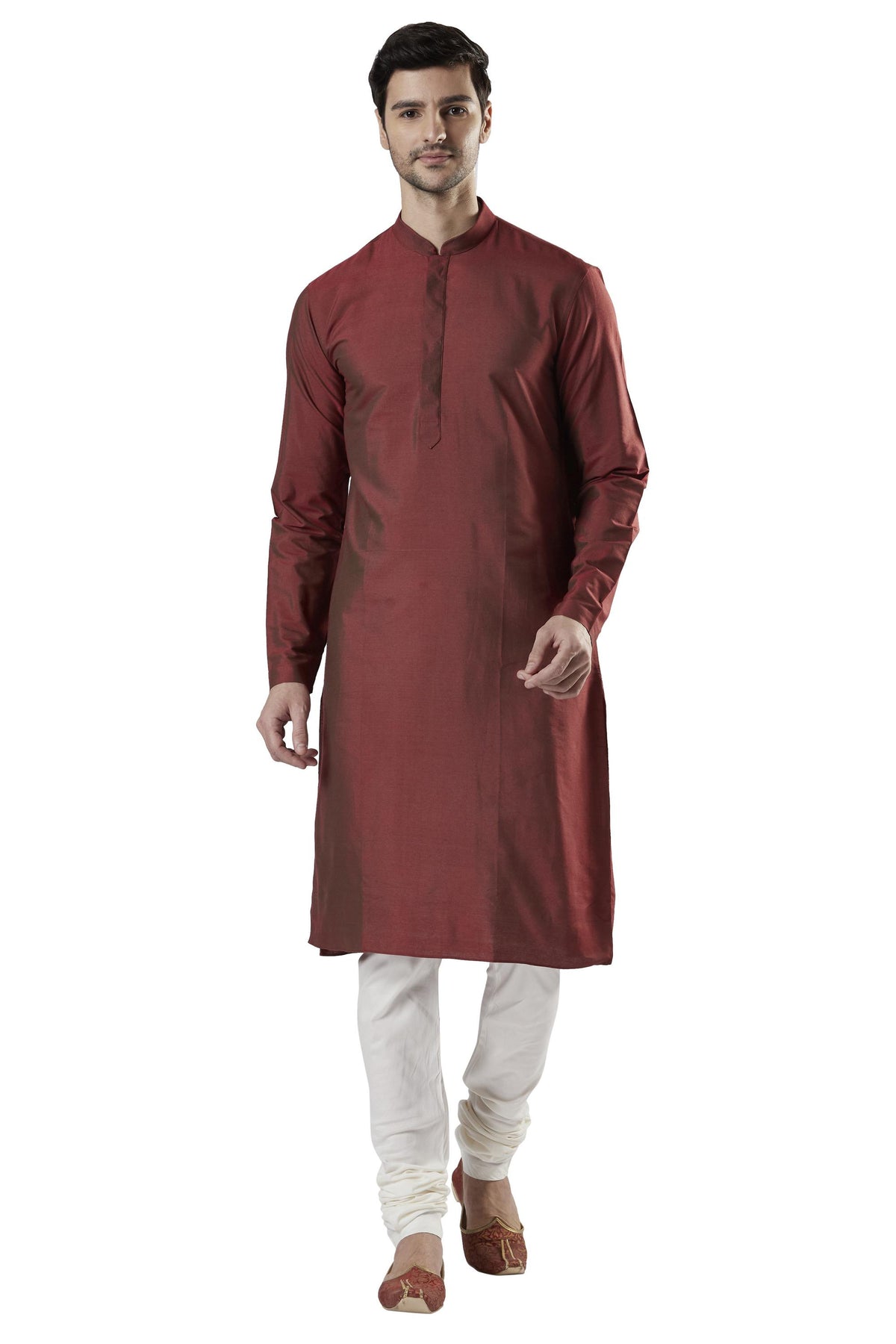 Ethnix Men's Orange Classic Silk Blend 2-Piece Kurta Pajama Set, front full-length view