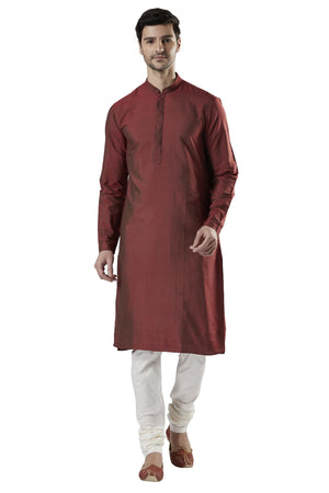 Ethnix Men's Orange Classic Silk Blend 2-Piece Kurta Pajama Set, front full-length view