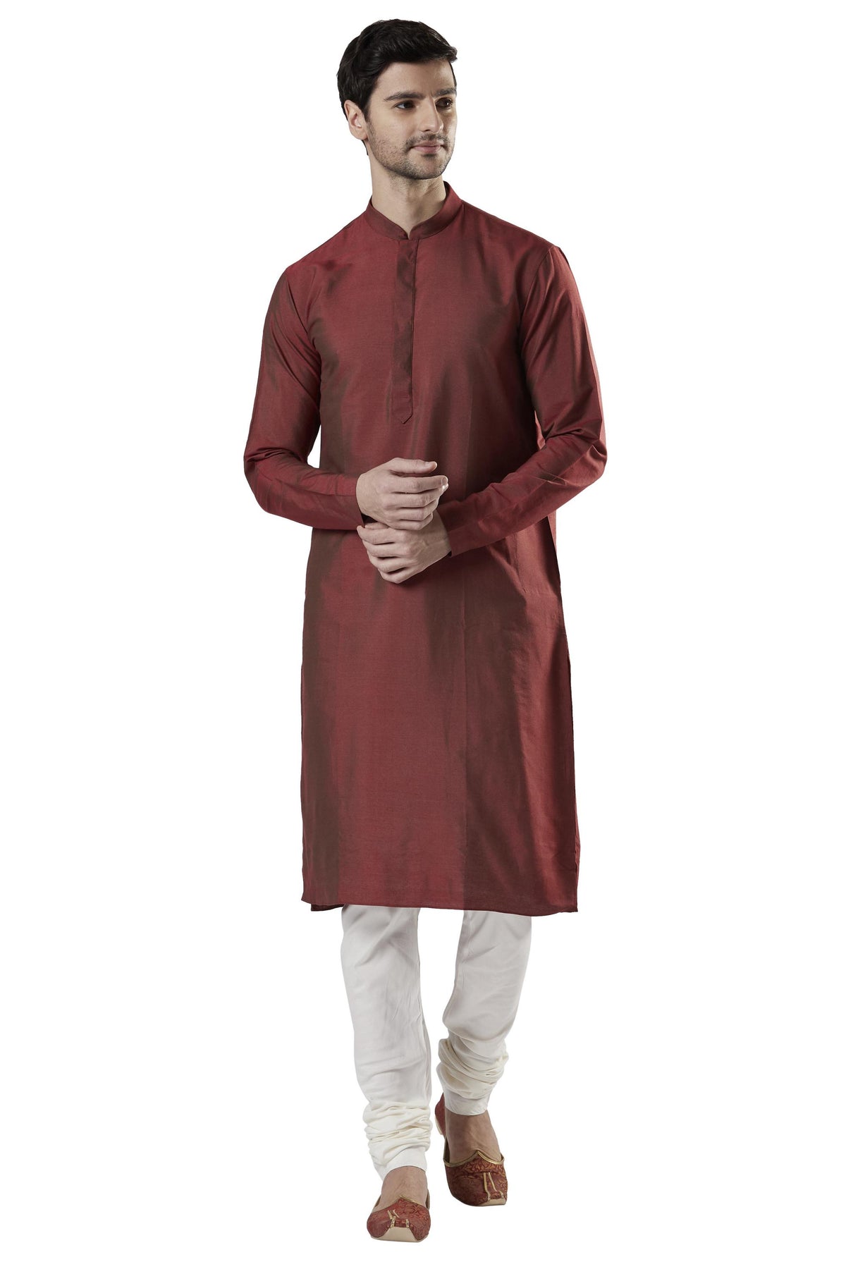 Ethnix Men's Orange Classic Silk Blend 2-Piece Kurta Pajama Set, front posed view
