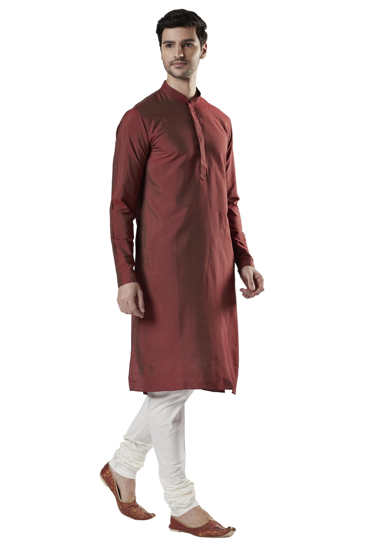 Ethnix Men's Orange Classic Silk Blend 2-Piece Kurta Pajama Set, left angled full-length view