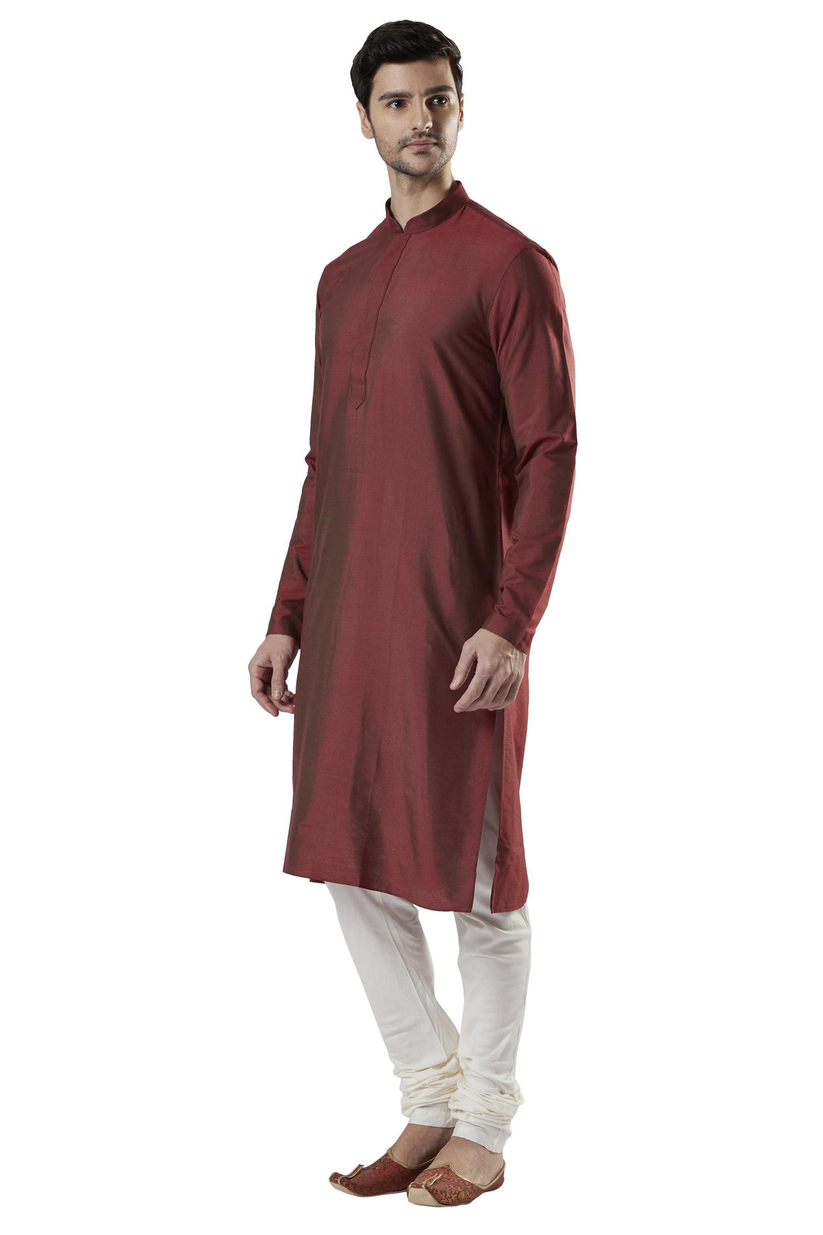 Ethnix Men's Orange Classic Silk Blend 2-Piece Kurta Pajama Set, right angled full-length view