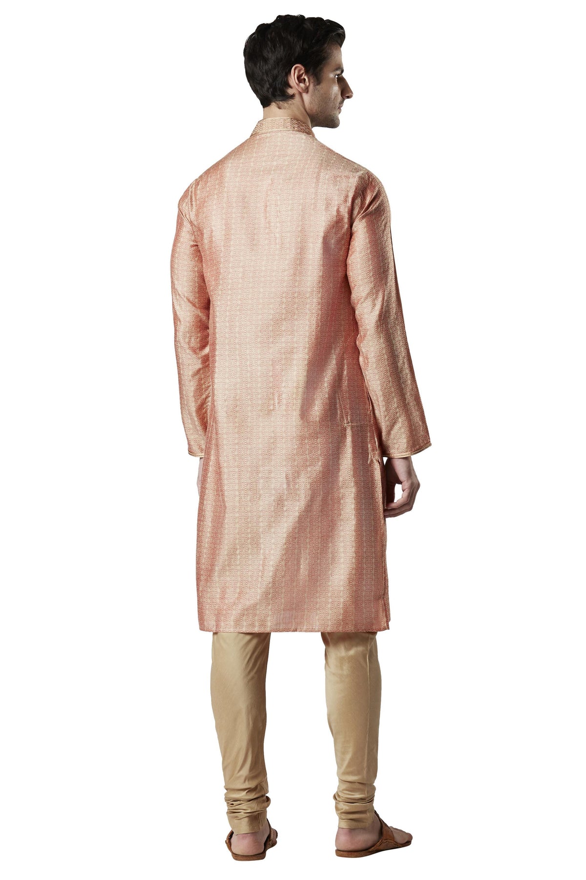 Ethnix Men's Peach Embroidered Placket 2-Piece Kurta Pajama Set, back full-length view