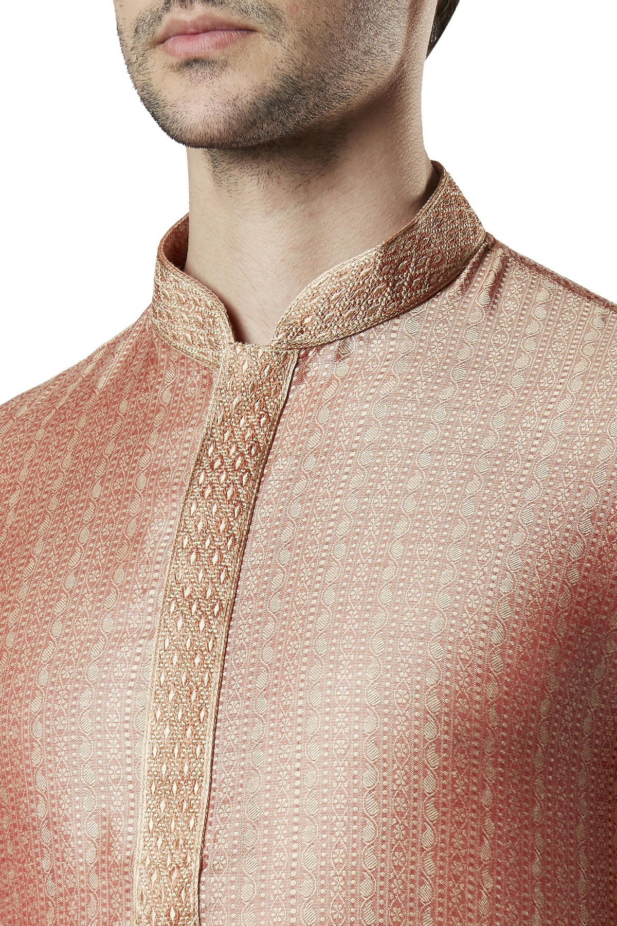 Ethnix Men's Peach Embroidered Placket 2-Piece Kurta Pajama Set, close-up of the collar and placket