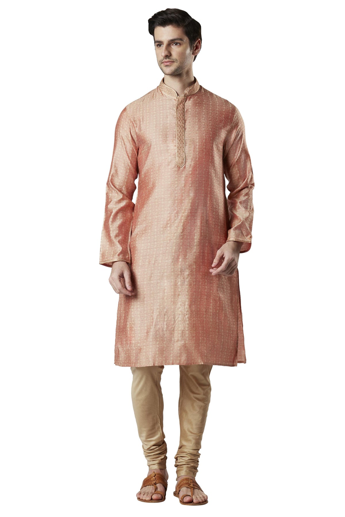 Ethnix Men's Peach Embroidered Placket 2-Piece Kurta Pajama Set, front full-length view