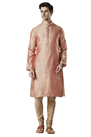 Ethnix Men's Peach Embroidered Placket 2-Piece Kurta Pajama Set, front full-length view