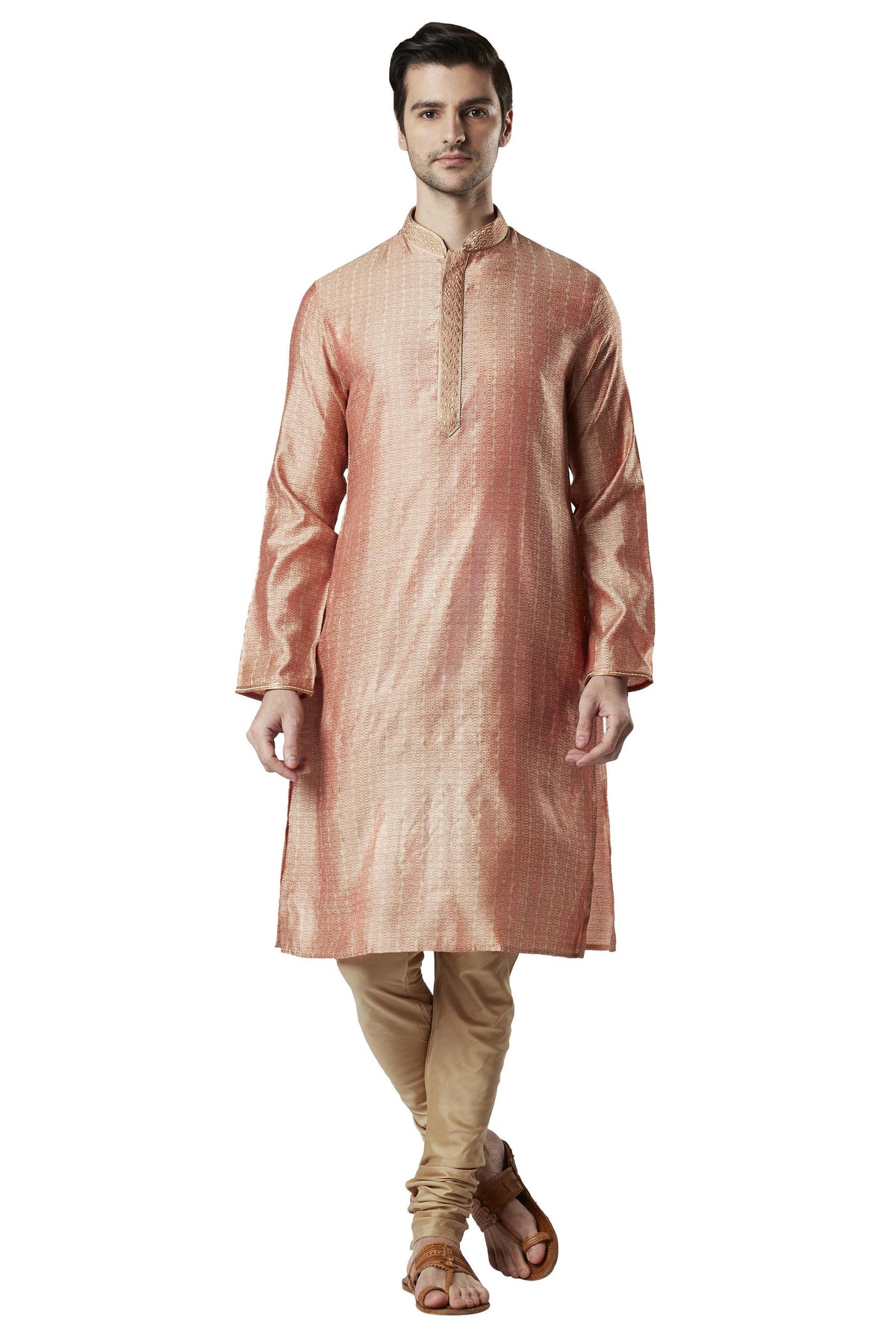 Ethnix Men's Peach Embroidered Placket 2-Piece Kurta Pajama Set, front posed view