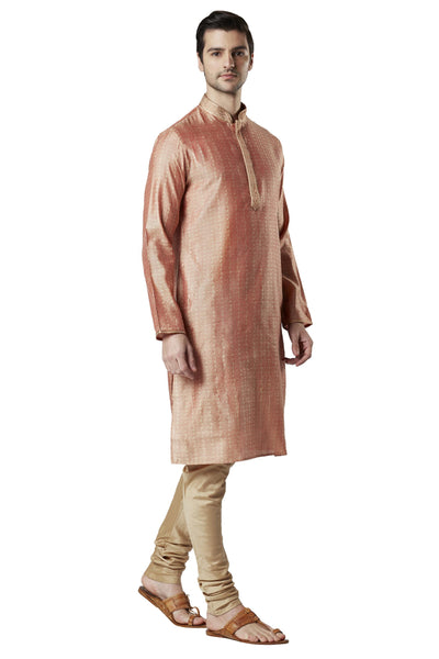 Ethnix Men's Peach Embroidered Placket 2-Piece Kurta Pajama Set, left angled full-length view
