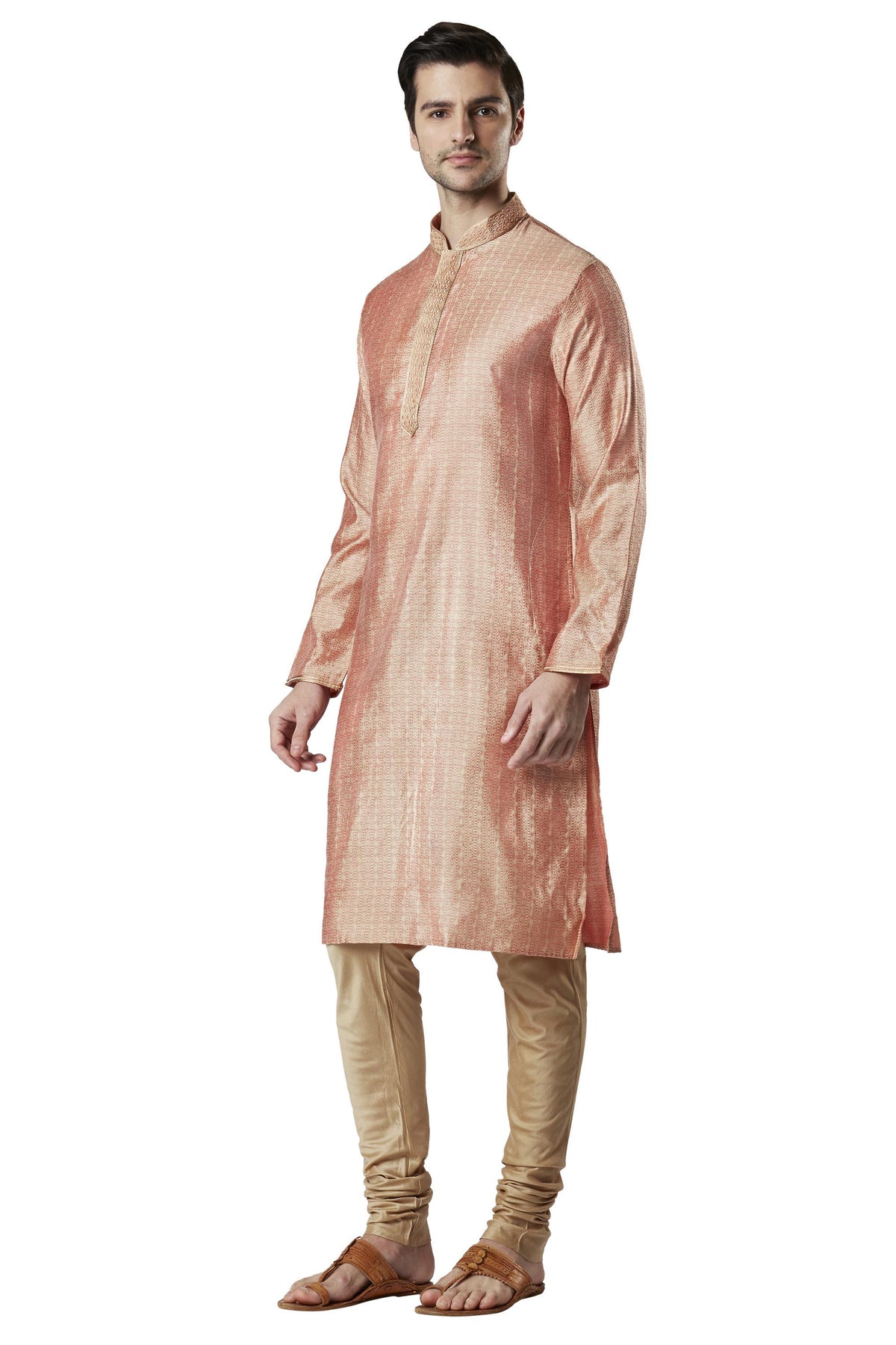 Ethnix Men's Peach Embroidered Placket 2-Piece Kurta Pajama Set, right angled full-length view