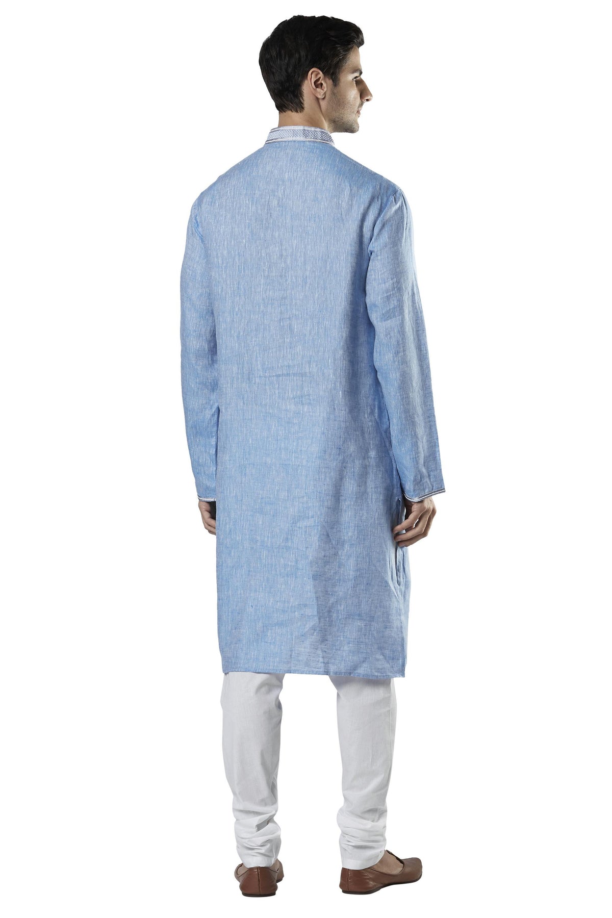 Ethnix Men's Sky Blue Embroidered Placket 2-Piece Kurta Pajama Set, back full-length view