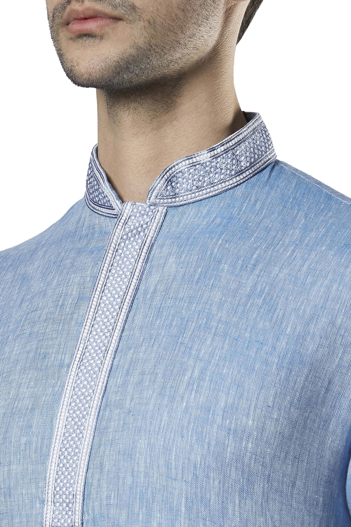 Ethnix Men's Sky Blue Embroidered Placket 2-Piece Kurta Pajama Set, close-up of the collar and placket