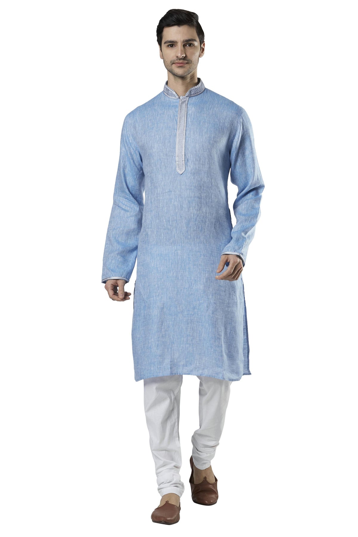Ethnix Men's Sky Blue Embroidered Placket 2-Piece Kurta Pajama Set, front full-length view