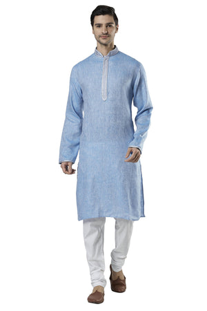Ethnix Men's Sky Blue Embroidered Placket 2-Piece Kurta Pajama Set, front full-length view