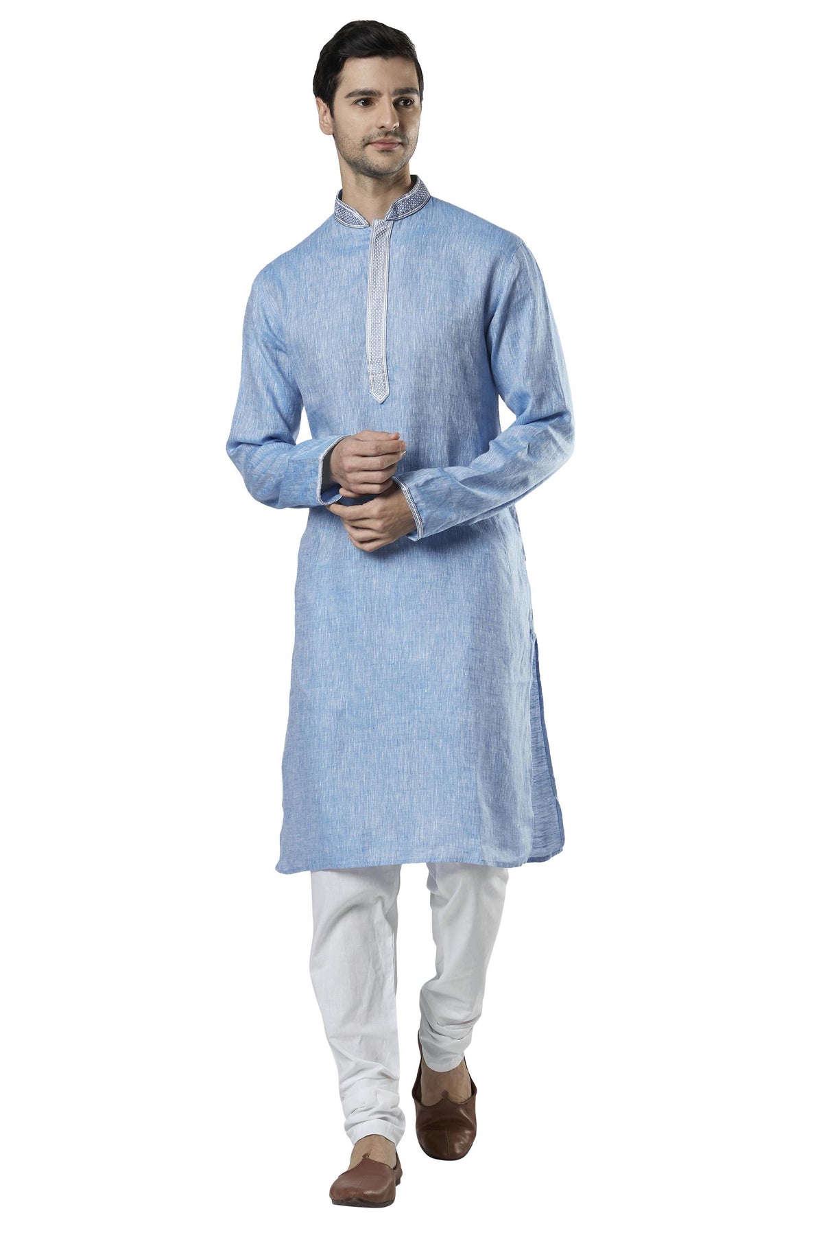 Ethnix Men's Sky Blue Embroidered Placket 2-Piece Kurta Pajama Set, front walking view