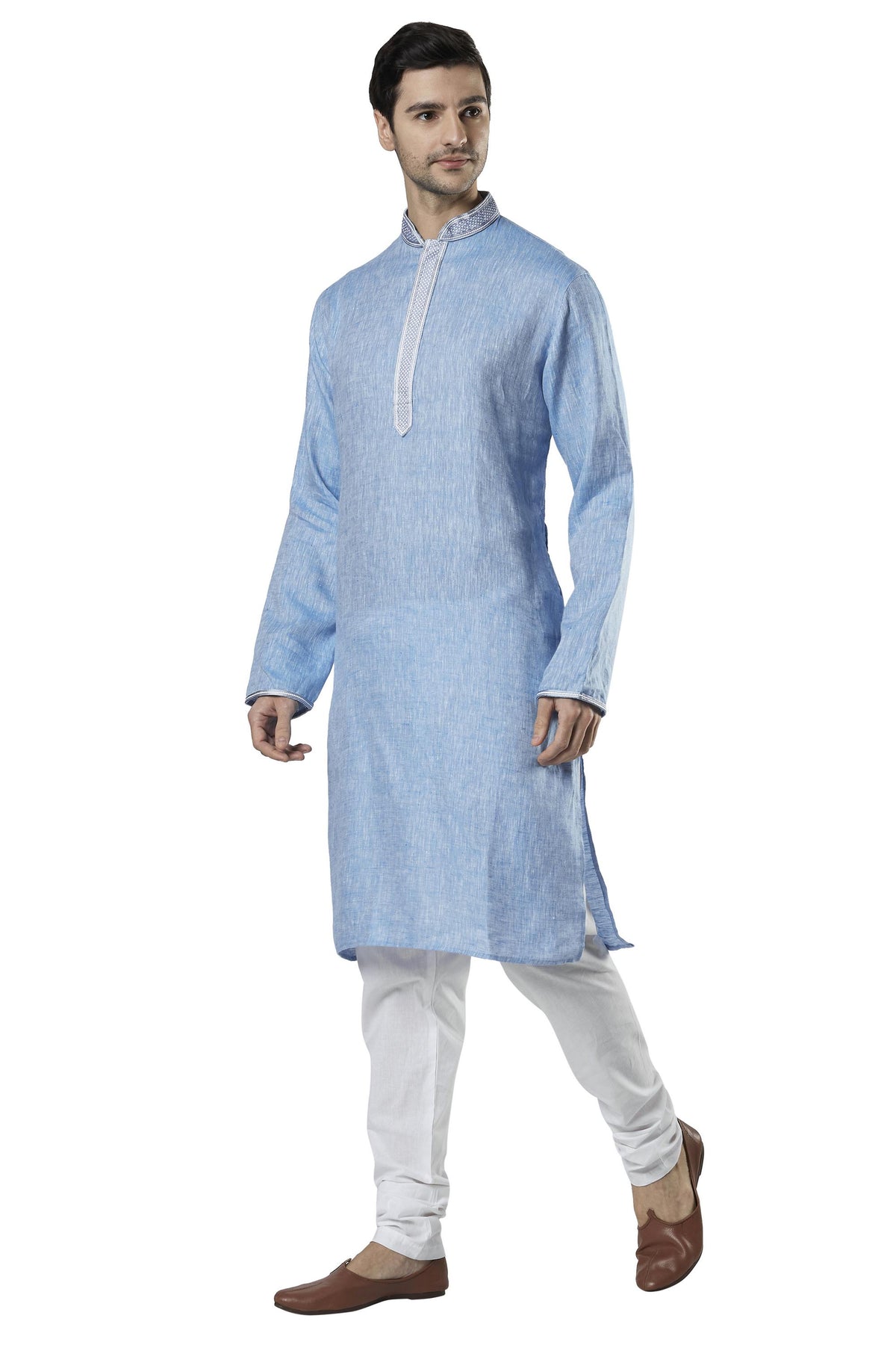 Ethnix Men's Sky Blue Embroidered Placket 2-Piece Kurta Pajama Set, left angled full-length view