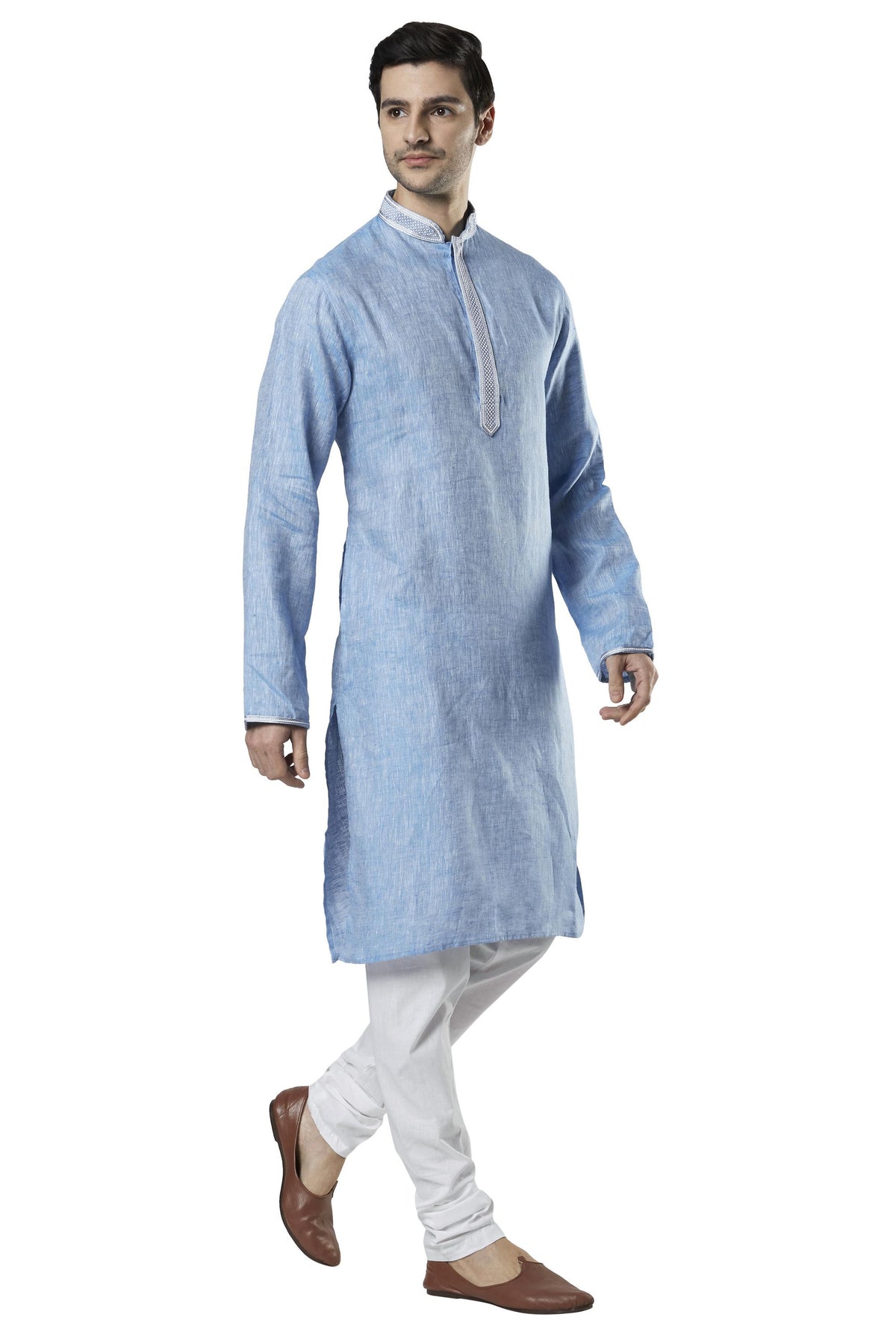 Ethnix Men's Sky Blue Embroidered Placket 2-Piece Kurta Pajama Set, right angled full-length view