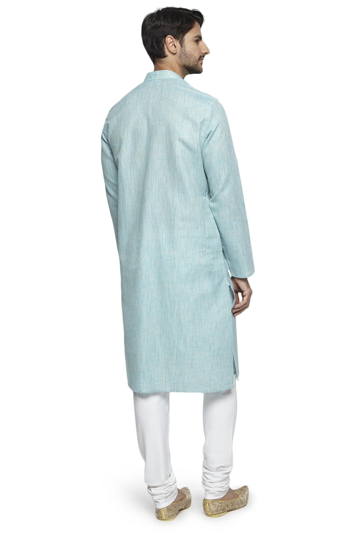 Ethnix Men's Sky Blue Textured Cotton Blend 2-Piece Kurta Pajama Set, back full-length view