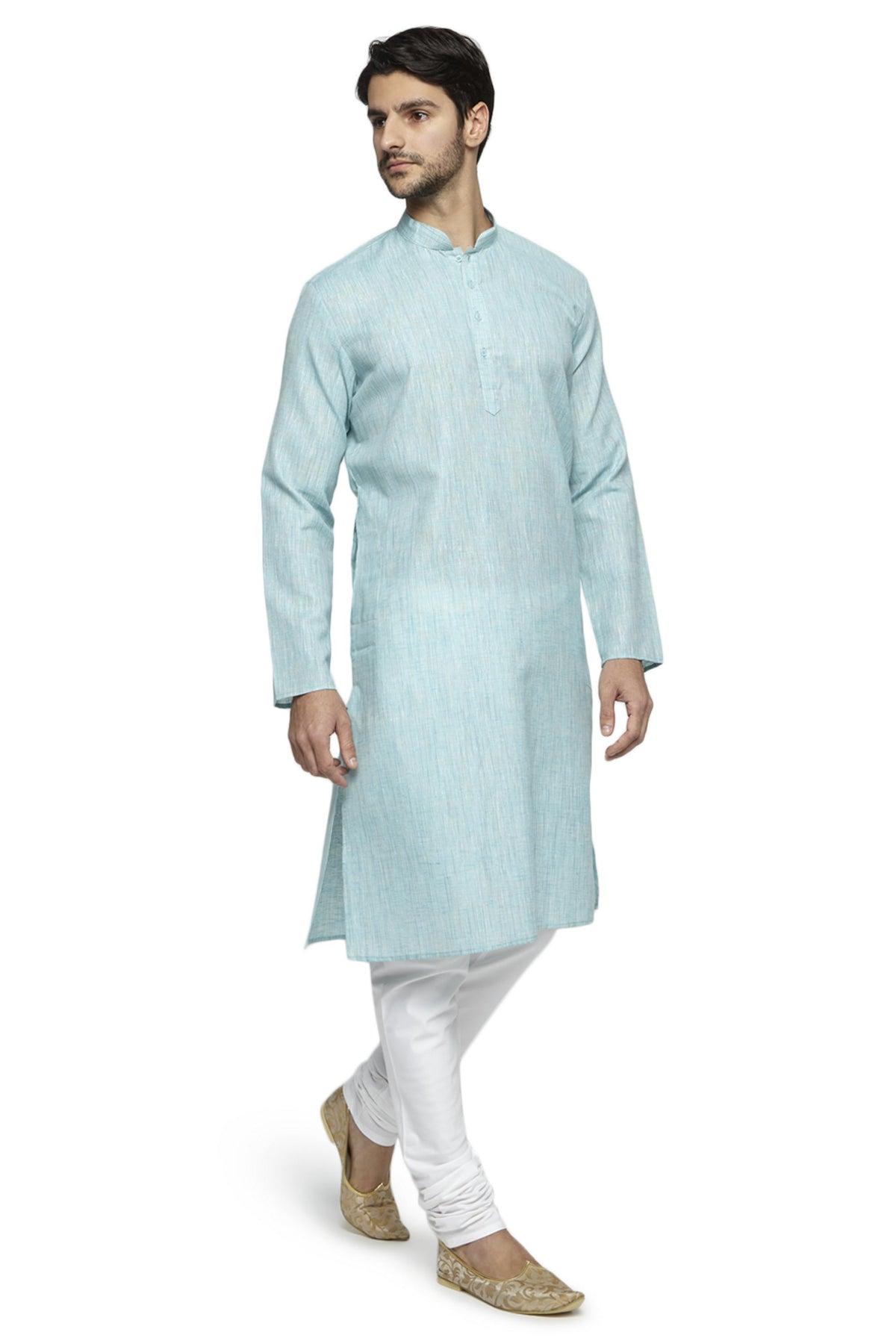 Ethnix Men's Sky Blue Textured Cotton Blend 2-Piece Kurta Pajama Set, right angled full-length view