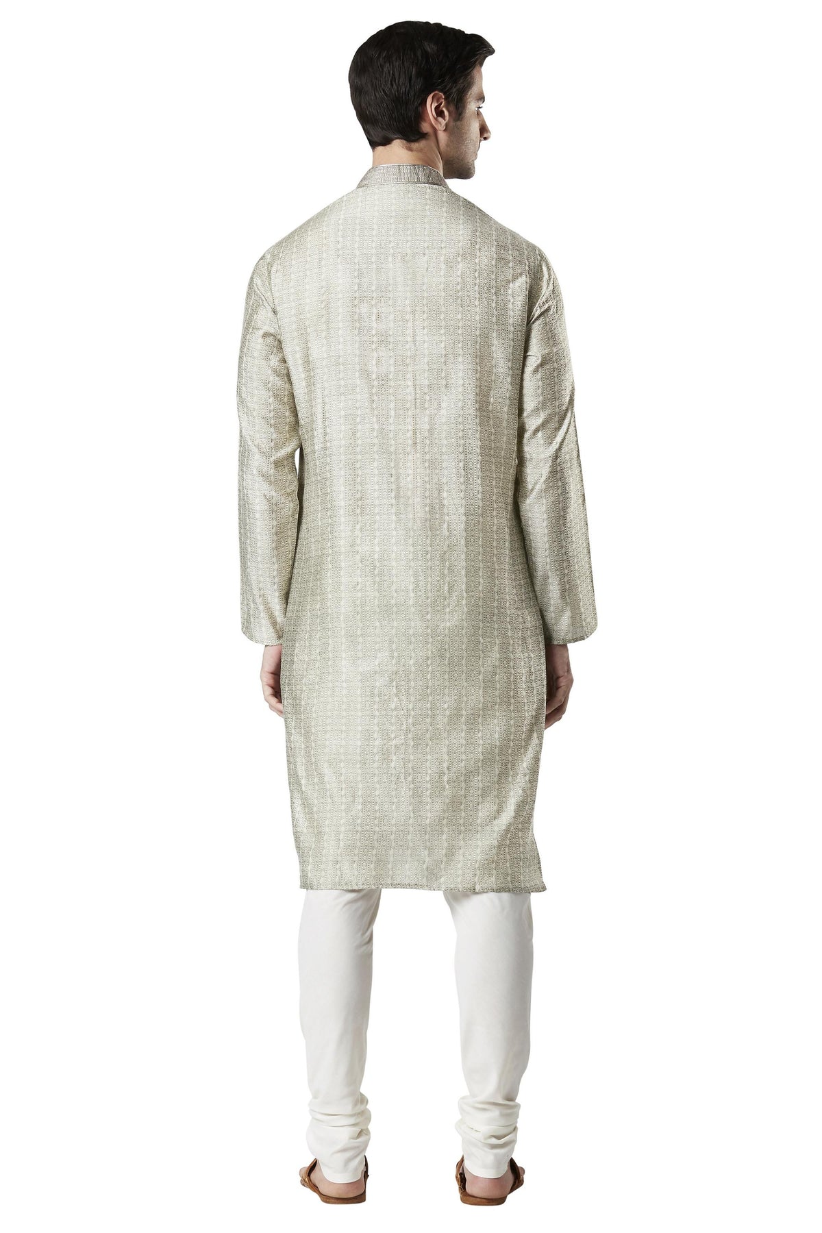 Ethnix Men's Steel Gray Embroidered Placket 2-Piece Kurta Pajama Set, back full-length view