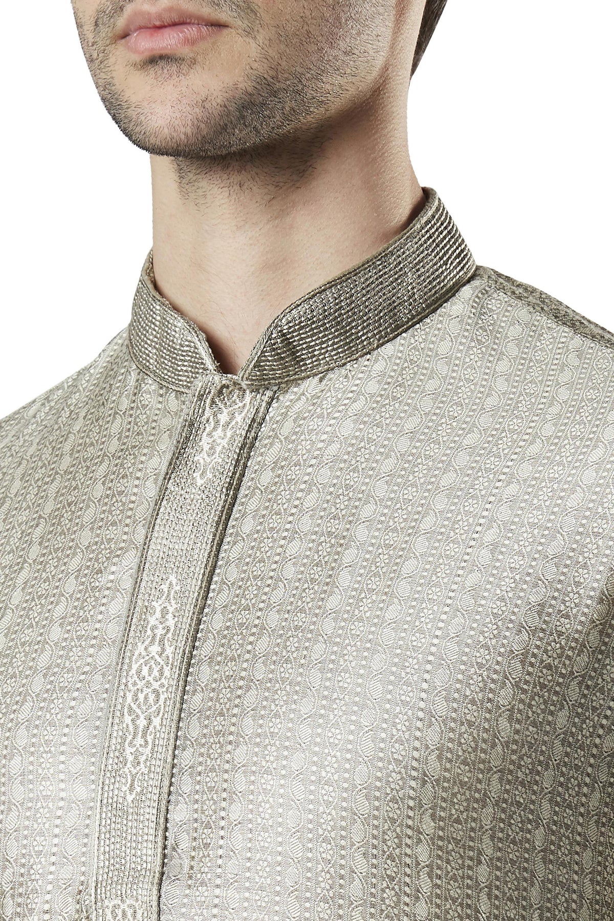 Ethnix Men's Steel Gray Embroidered Placket 2-Piece Kurta Pajama Set, close-up of the collar and placket