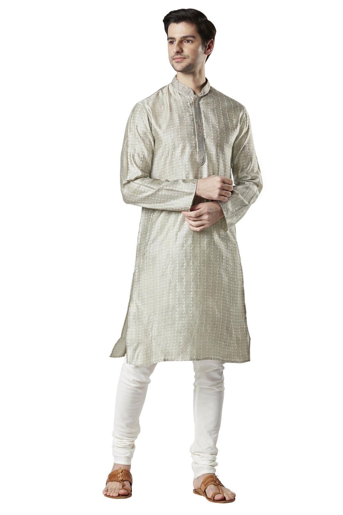 Ethnix Men's Steel Gray Embroidered Placket 2-Piece Kurta Pajama Set, front full-length view