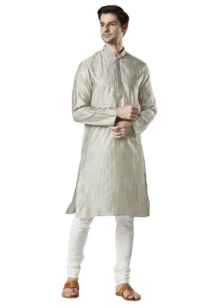 Ethnix Men's Steel Gray Embroidered Placket 2-Piece Kurta Pajama Set, front full-length view